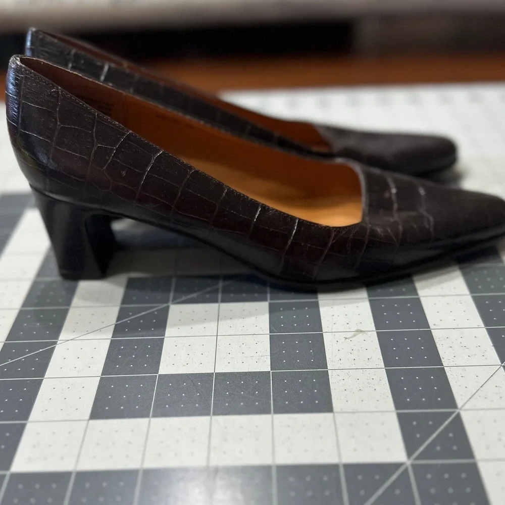 Lauren Ralph Lauren VTGE Pumps Size.7B Brown Croc Embossed Leather Block‎ Heel